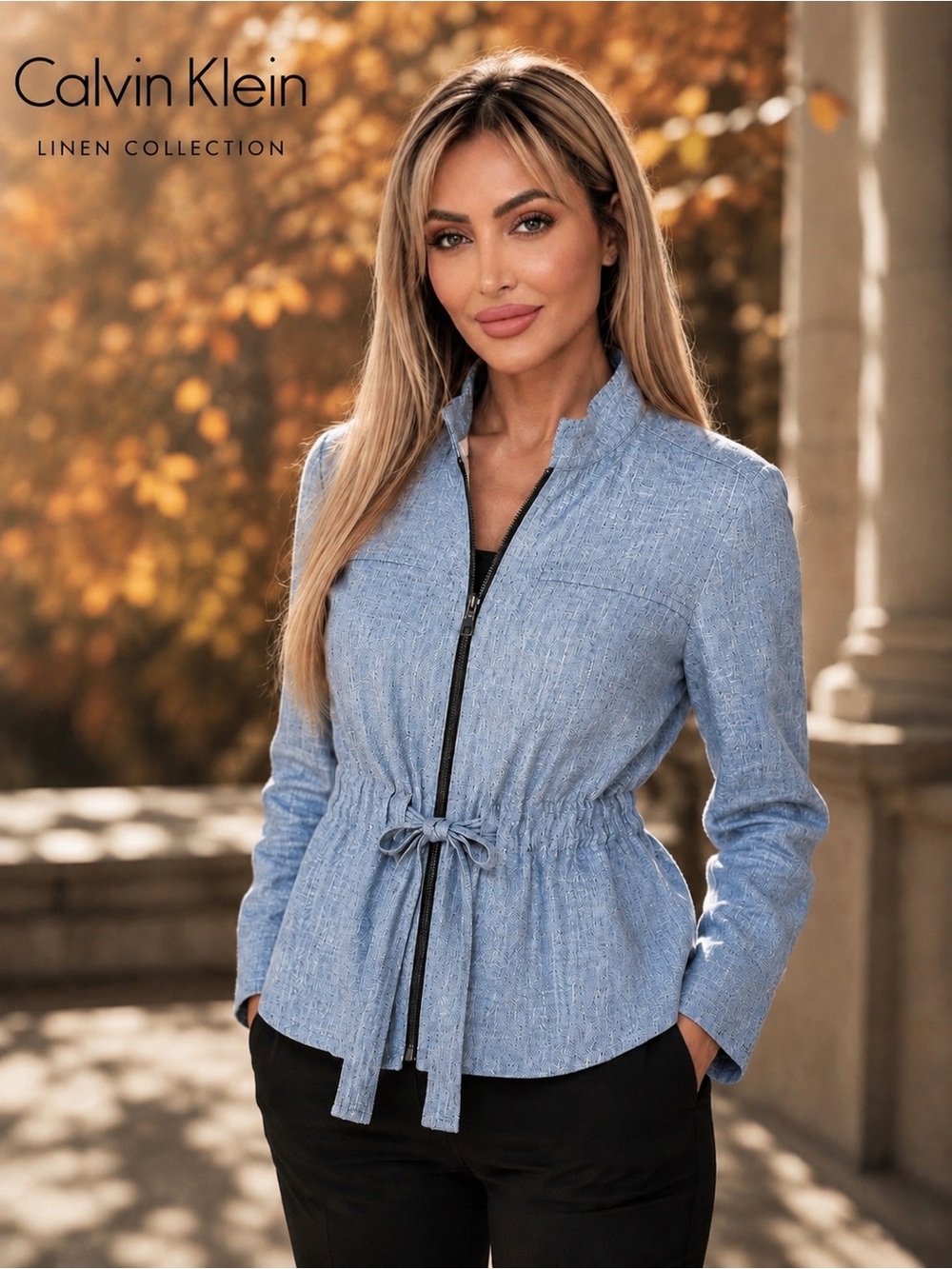 Light linen Blue Calvin Klein Textured Drawstring Waist Jacket - Women - NWOT
